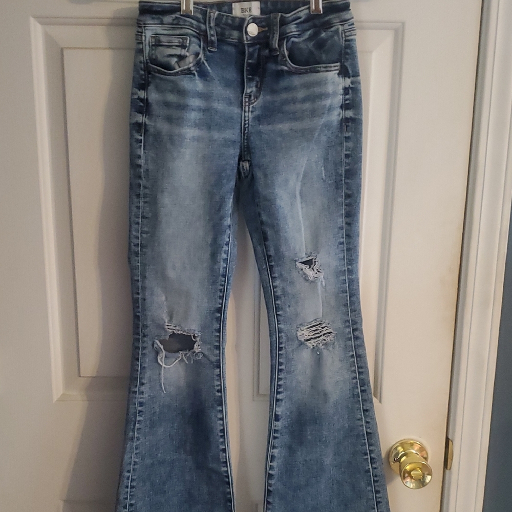 BKE Medium Blue Distressed Flare Jeans